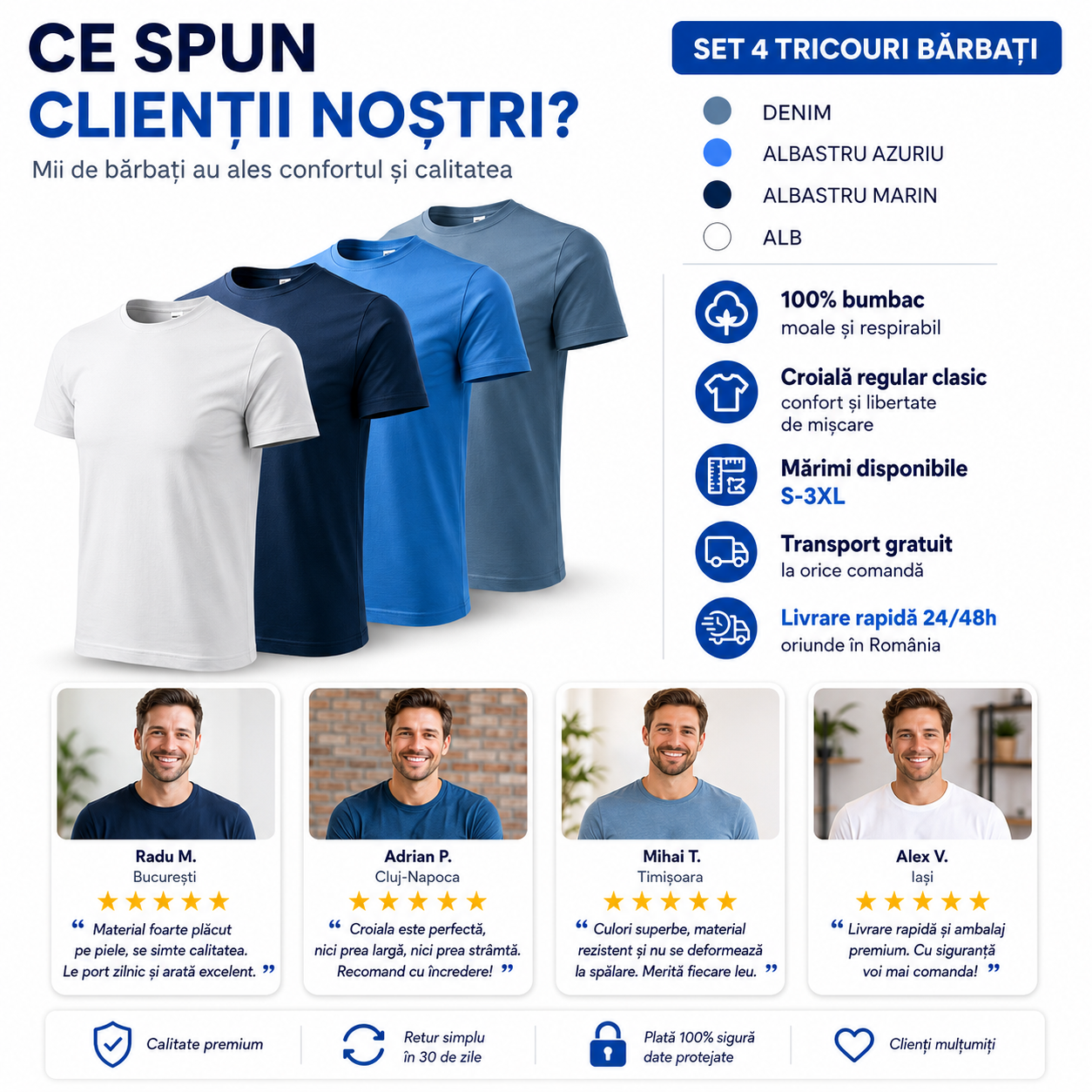 Set 4 tricouri bărbați denim albastru azuriu albastru marin alb potrivit pentru cadou